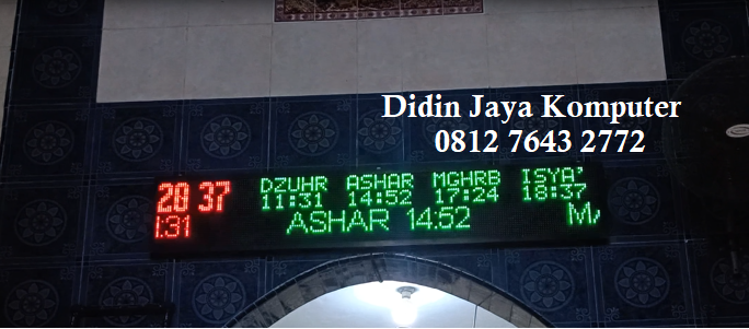 <p>Pemasangan jadwal sholat otomatis led merah dan hijau ukuran 36x164cm. Jadwal sholat kami menggunakan jenis led berkualitas terbaik yang awet dan tahan lama. Gratis biaya pemasangan dan juga pengiriman. Garansi selama 1 tahun dengan syarat dan ketentuan berlaku.</p>